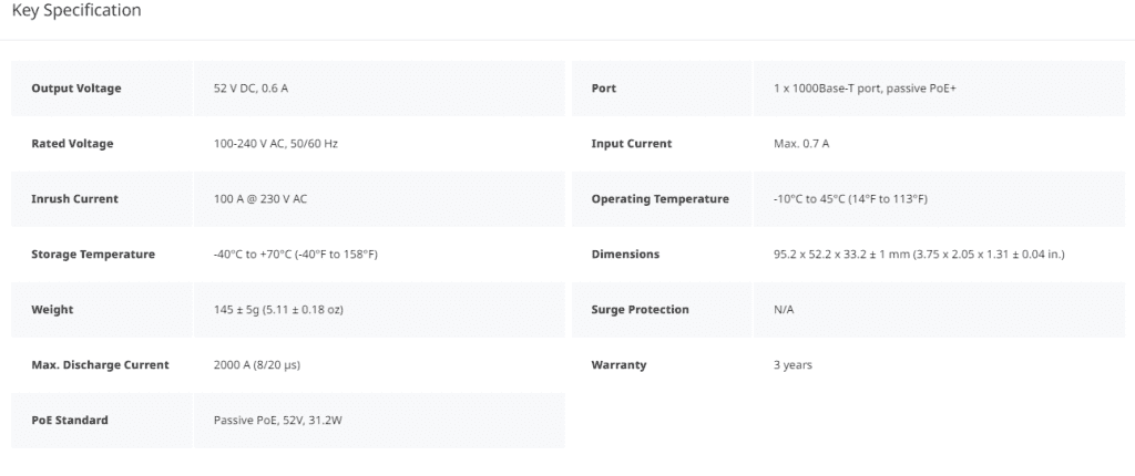 RG-POE-AT30, 1-Port PoE Injector (1000Base-T, 52 V, 31.2 W) specification